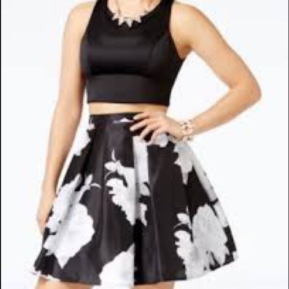Sequin Hearts Crop Black Top & Floral Skirt Set